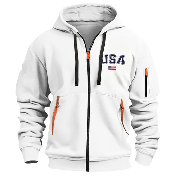 Men's Hooded Jackets Front Zip Drawstring Print Windbreaker Casual Stylish Sports Fitness Outwear With Multi Pockets (XL, White)