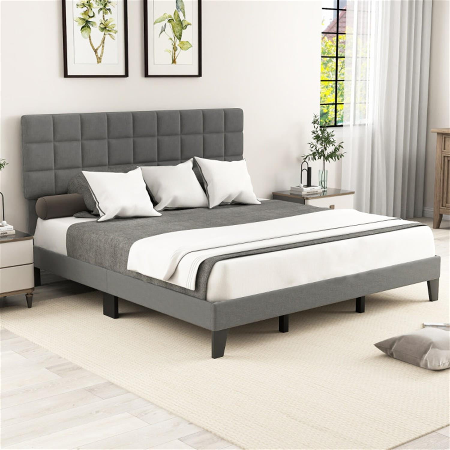 Demi Bonn King Size Bed Frame with Adjustable Headboard, Modern Linen Platform Bed Frame with 10 Strong Wood Slat Support, No Box Spring Needed, Gray