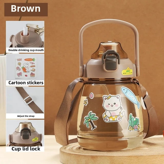 Taza de agua de plástico portátil de gran capacidad para niños, botella con pajita para estudiantes, asa de transporte, red especial de verano, taza para el vientre grande