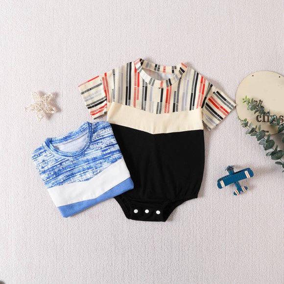0-2T Summer Infant Baby Clothes Boys' Romper Colour Block Printed Short Sleeve Bubble Romper Black