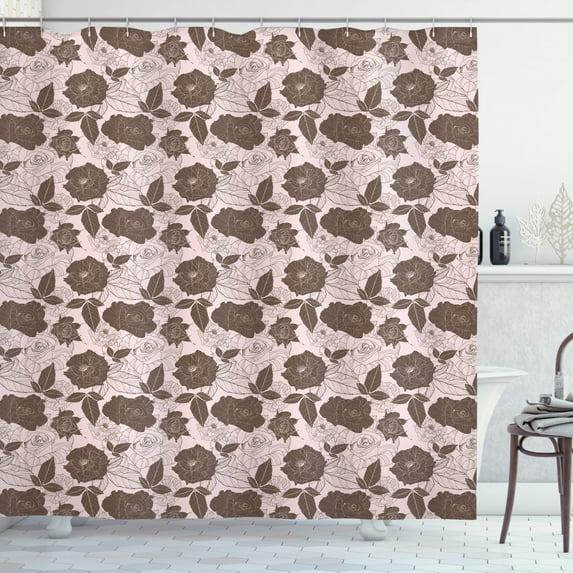 Rose Shower Curtain, Floral Spring Pattern with Contrast Rose Petals Overlapping Each Other, Fabric Bathroom Set with Hooks, 69W X 84L Inches Extra Long, Pale Blush Dark Taupe, by Ambesonne