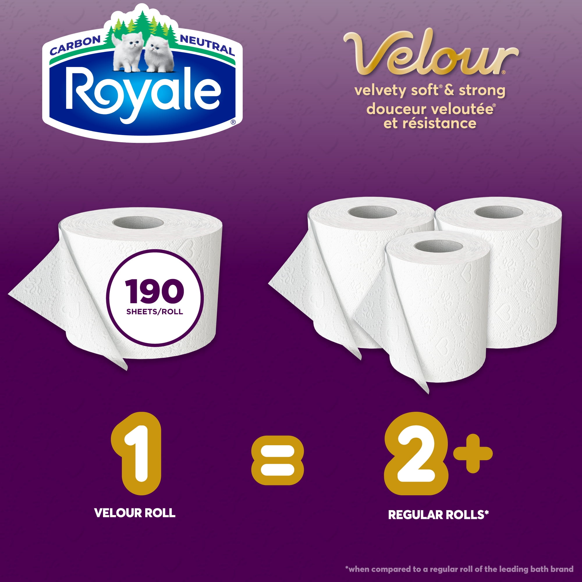 Royale Velour, 2 Ply Toilet Paper, 30 Equal 80 Bathroom Tissue Rolls, 190 Toilet Paper Sheets per Roll
