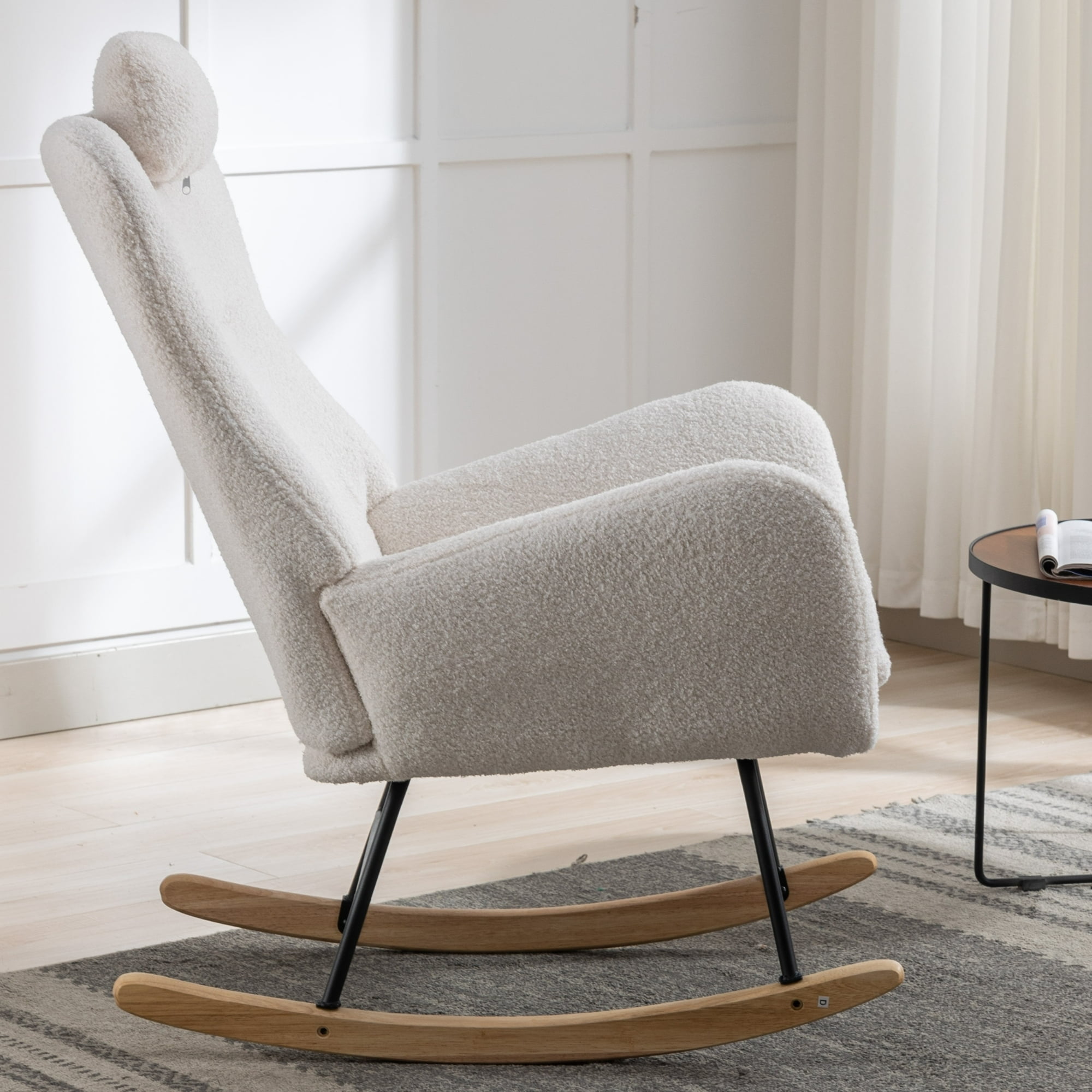 Nursery Rocking Chair, 35.5" Teddy Fabric Upholstered Glider Rocker with High Backrest, Modern Rocking Accent Chairs Comfy Side Chair for Nursery, Bedroom, Living Room,White
