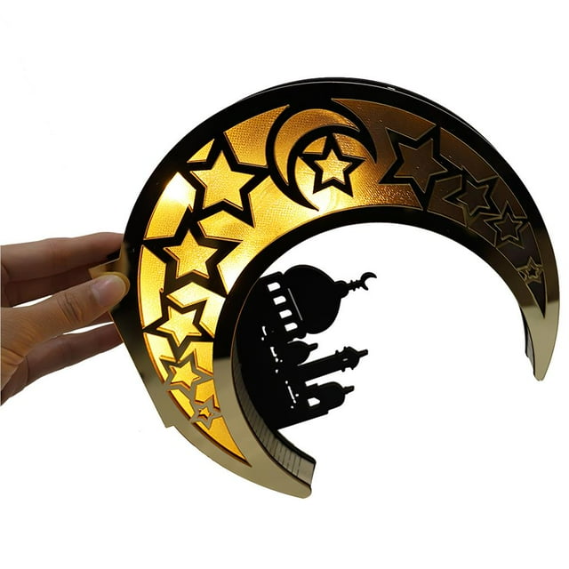 Creative Wooden Eid Mubarak Ramadan Mirror Golden Moon Table Decorations Castle Hollow Letters with Led Lights Dining Table Decoration Crafts
