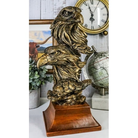 Patriotic Rustic American Bald Eagles Head Bust Figurine With Faux Wood Stand