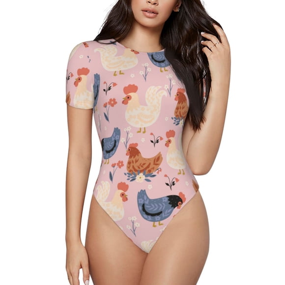 Balery Funny Chicken Body de cuello redondo de manga corta para mujer Tops de manga corta Tops básicos-Medium