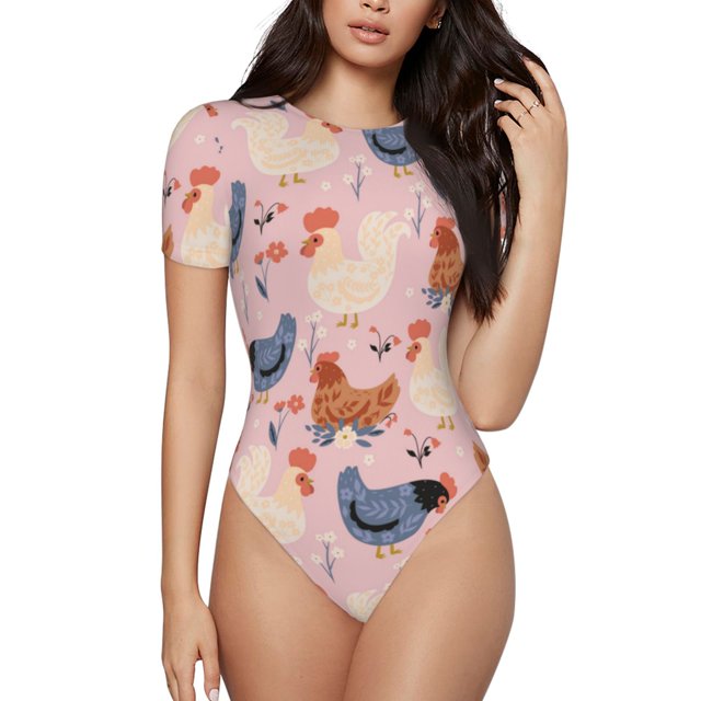 Balery Funny Chicken Body de cuello redondo de manga corta para mujer Tops de manga corta Tops básicos-Medium