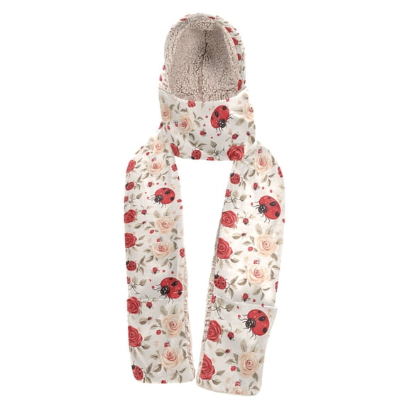 BZSMCE Warm Fleece Hood Scarf Wrap Ladybug Roses Pattern