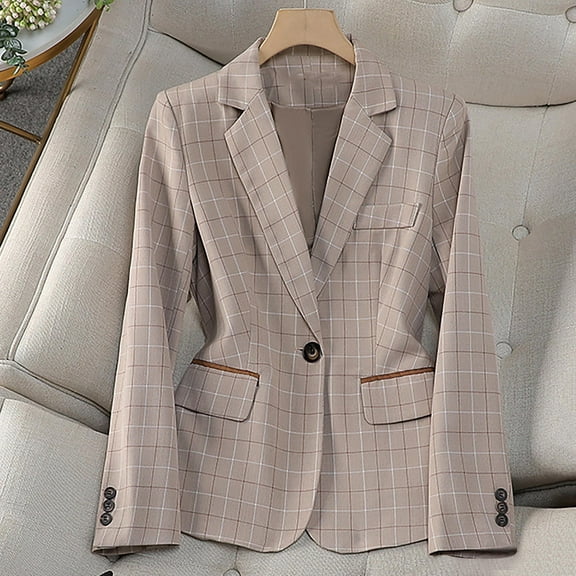 PiGOGI Women's Elegant Plaid Pattern Long Sleeve Lapel Blazer Jacket for Business Casual Outfit Khaki XL