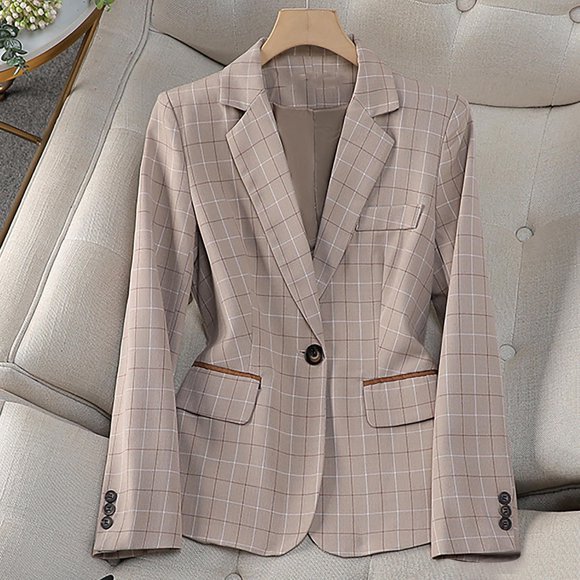 Amzcrzy Blazers for Women Ladies Long-Sleeved Lapel Plaid Pattern Elegant Suit Jacket Jackets for Women Womens Long Sleeve Tops Womens Jacket Women's Clothing Womens Tops