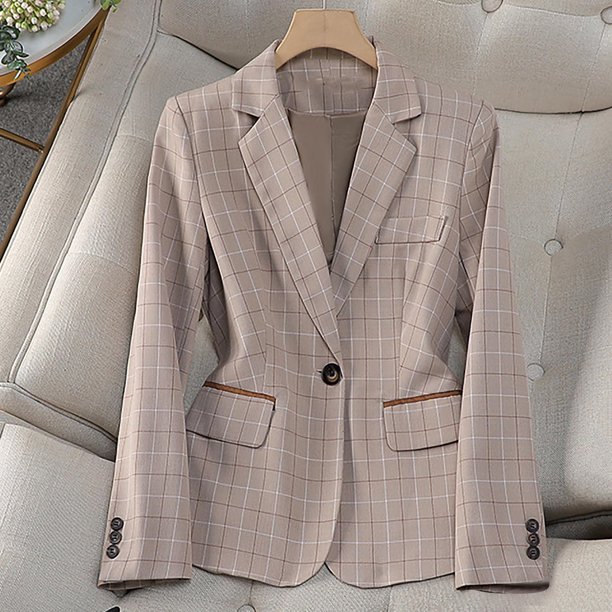 Blazer de mujer de manga larga con solapa y estampado a cuadros, elegante chaqueta de traje de poliéster para mujer