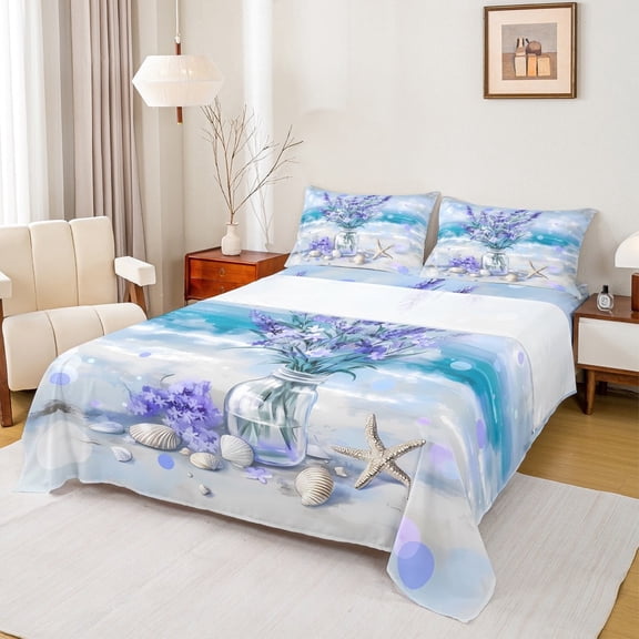 Manfei Dreamy Beach Bed Sheets Set Twin Size, Purple Flower Bed Sheets Twin, Seashell Marine Bedding Twin Size, Ultra Soft Bedroom Decorative, 3pcs
