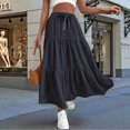 thumbnail image 4 of Women High Waisted Flowy Tiered Linen Skirt Casual Pleated A-Line Beach Long Skirts with Tie Black S, 4 of 7