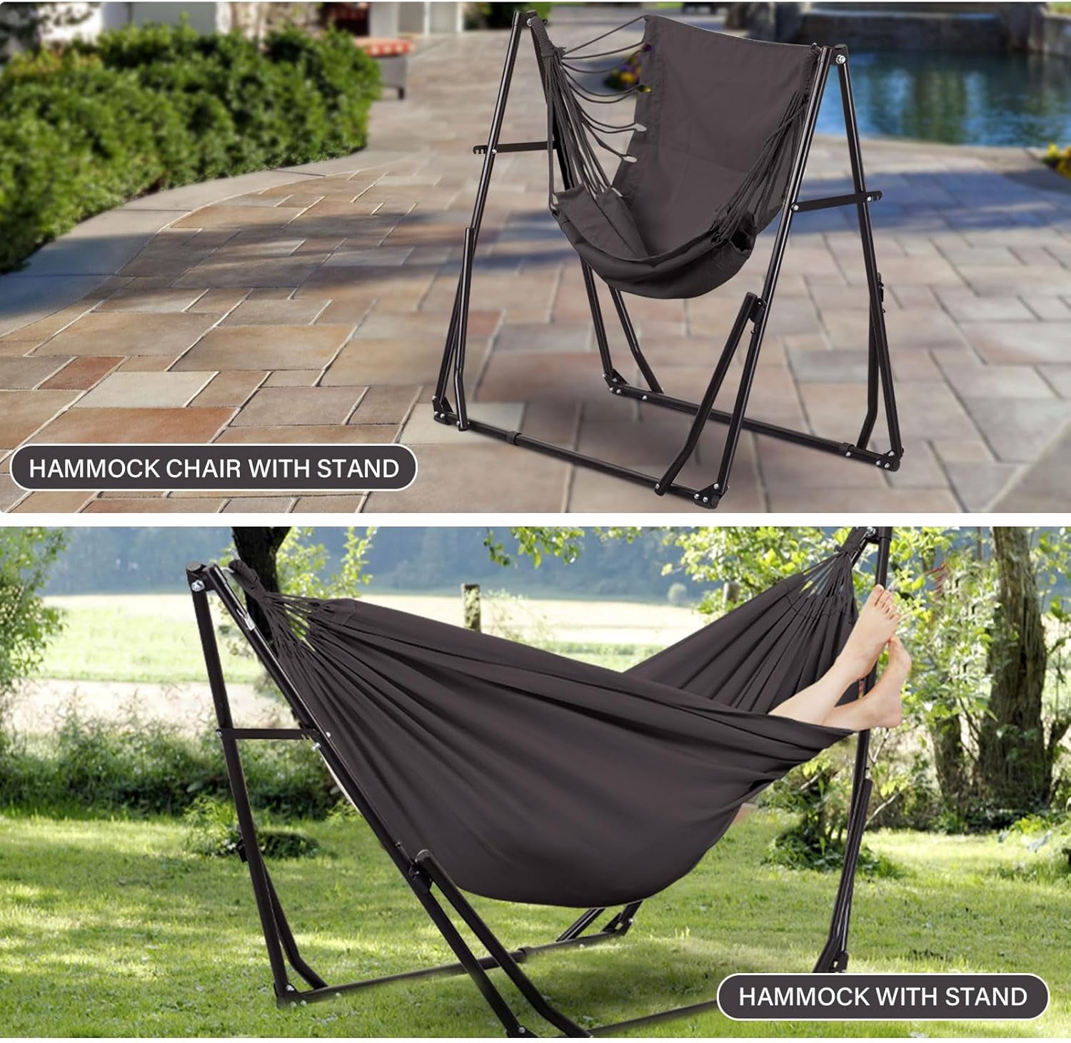 2 in 1 Hammock with Stand, Outdoor Hammock Swing Chair with Portable Heavy Duty Stand, Multi-Functional Hammock Stand 480 lbs Weight Capacit-Gray