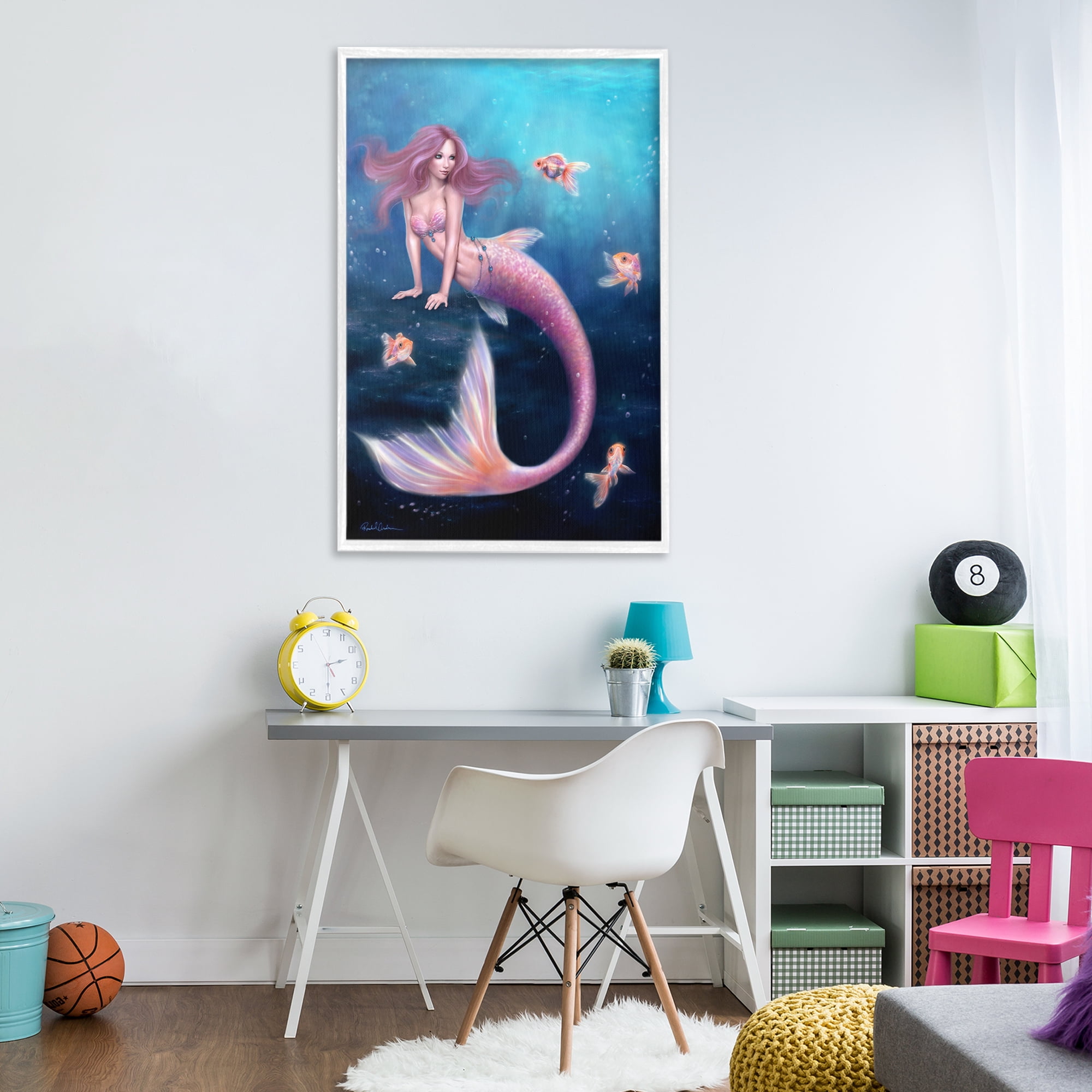 Aurelia Mermaid & Fish White Framed Giclee Art, design by Rachel Anderson