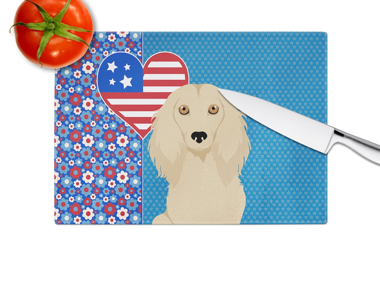 Longhair Cream Dachshund Glass Cutting Board Large 12 in x 15 in