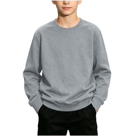 Boys Pullover Sweatshirt Kids Long Sleeve Round Neck Tops Casual Loose Fit Fall Clothes Solid Color Fall Winter 140