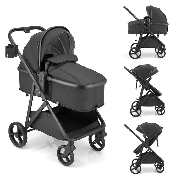 Gromast 3-in-1 Baby Stroller with Bassinet Mode, Convertible Bassinet Stroller for Newborn Infant Toddler with Reversible Seat, UPF 50 Canopy & Cup Holder - Black