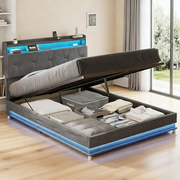 VEANERWOOD Queen Size Lift Up Bed Frame with Storage Headboard, Upholstered Platform Bed with Charging Station, LED Lights, No Box Spring Needed