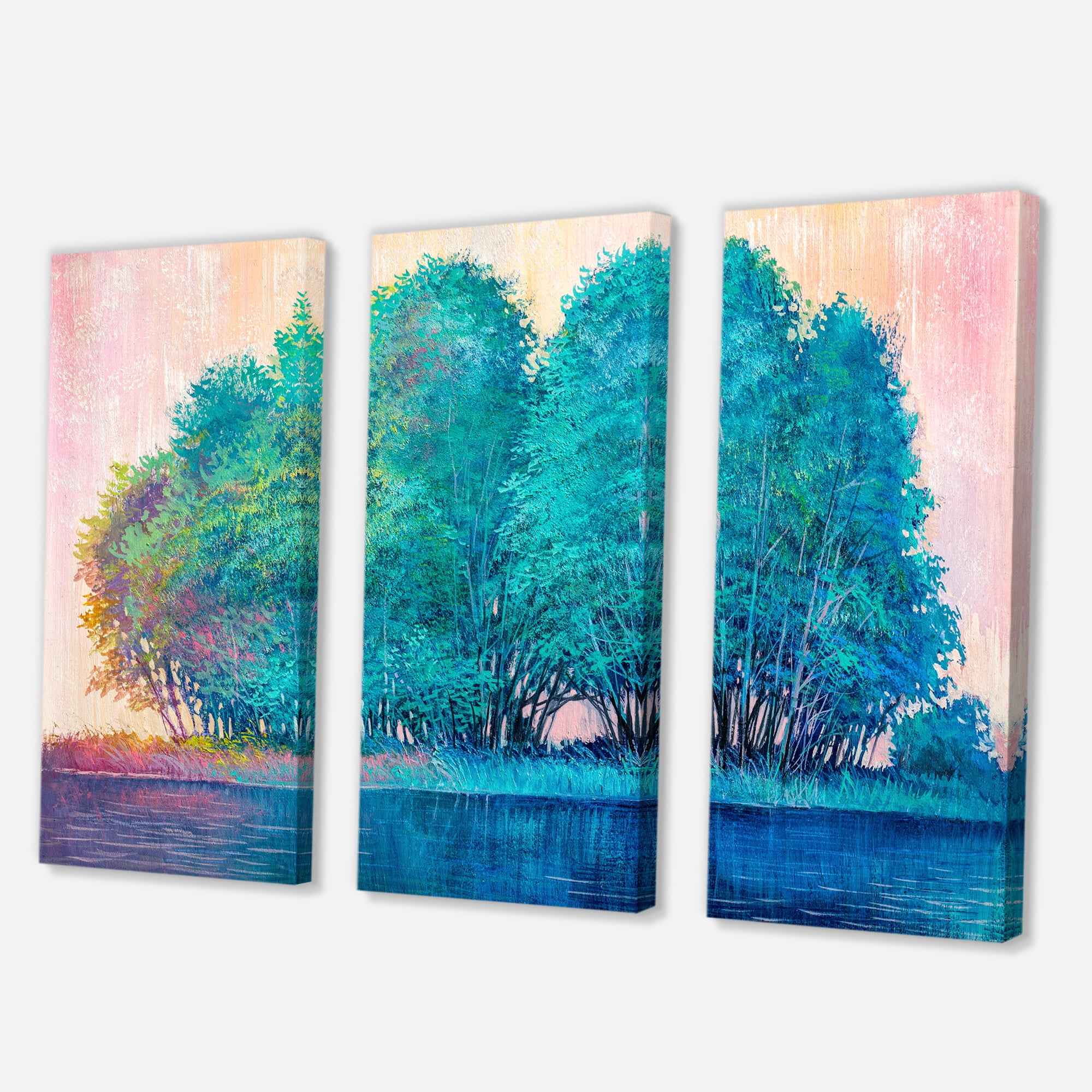 Designart ' Blue Coloured Tree Impression By Lakeside ' Lake House Canvas Wall Art Print