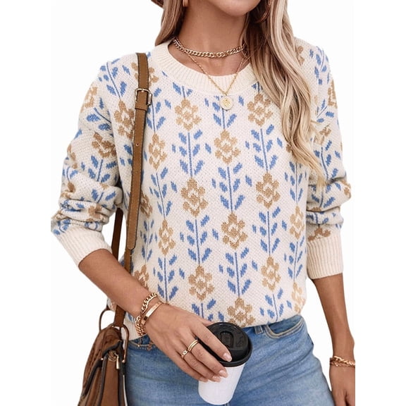 Female Long Sleeve Crewneck Sweater Fall Printed Cute Oversized Knitted Pullover Tops Trendy Clothes Apricot L