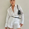 thumbnail image 6 of sunsanly 2 Pcs/Set Women Shirt Shorts Set Solid Color Long Sleeves Turn-down Collar Chest Pocket Blouse High Waist Loose Above Knee Length Pants Set Casual Commute Outfit, 6 of 8