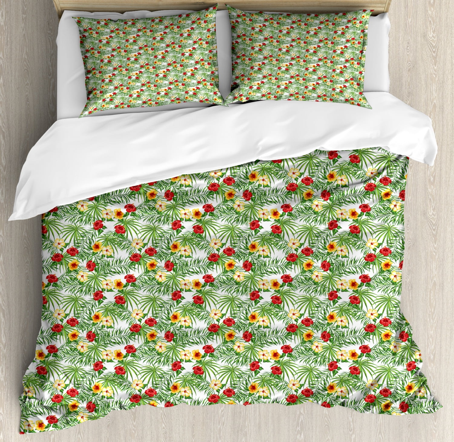 Hibiscus Duvet Cover Set King Size, Spread Flowers and Leaves of Tropical Climates Pattern
