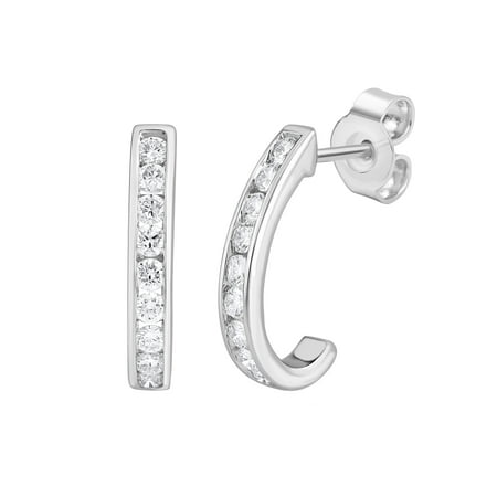 DewberryDiamonds 3/8 cttw Lab Grown Diamond Classic J Shape Hoop Earrings | 925 Sterling Silver 14k White Gold Plated Round Cut Channel Set Diamond Hoop Earrings (Clarity: VS, Color: EF, 0.40cttw)