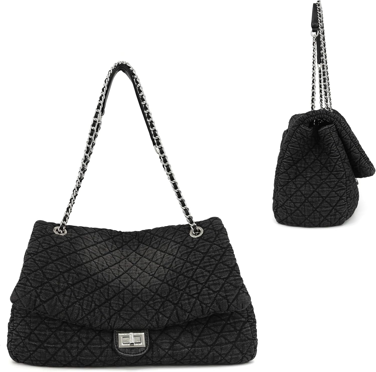 Kwuty Extra Large Quilted Denim Purse,Oversize Shoulder Bags for Women, Crossbody Flap Hobo Tote Bag,Chain Strap Jean Purse