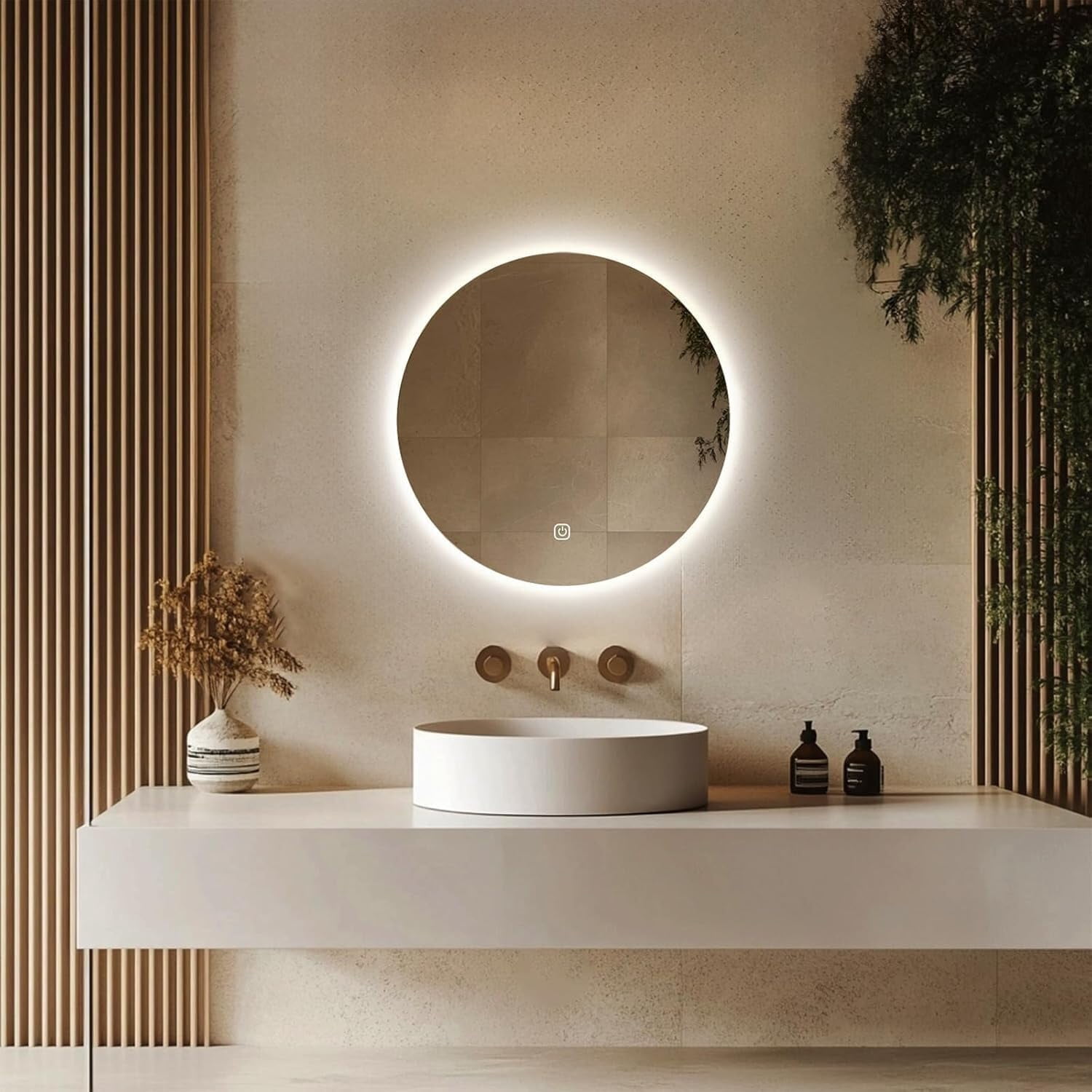20 Inch Round LED Bathroom Mirror with Lights, Lighted Vanity Bathroom Mirror with Backlit, Stepless Dimmable & 3 Colors (3000K/4000K/6000K), IP54 Waterproof