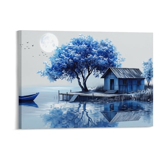 Potopok Canvas Wall Art for Living Room, Blue Tree Abstract Framed Wall Decor for Bedroom Office Home Aesthetic 16x12 Inch