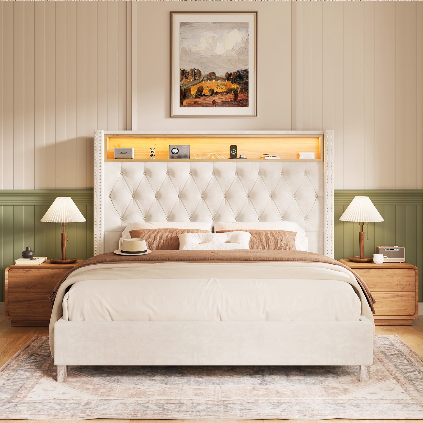 LUXOAK LED Queen Bed Frame,Charging Station and Storage Upholstered Headboard/Velvet/Cream
