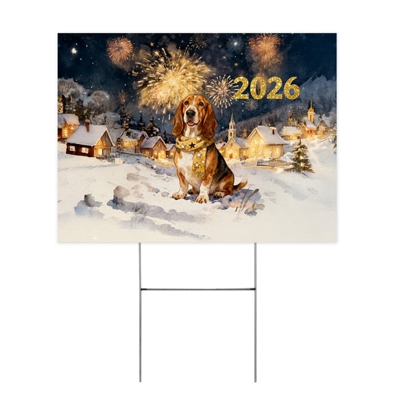 Basset Hound Happy New Year 2026 with Fireworks on New Year's Eve Yard Sign Bassets Dog Breed Lovers Gifts Idea Outdoor Home Lawn Garden Porch Decor - 12022