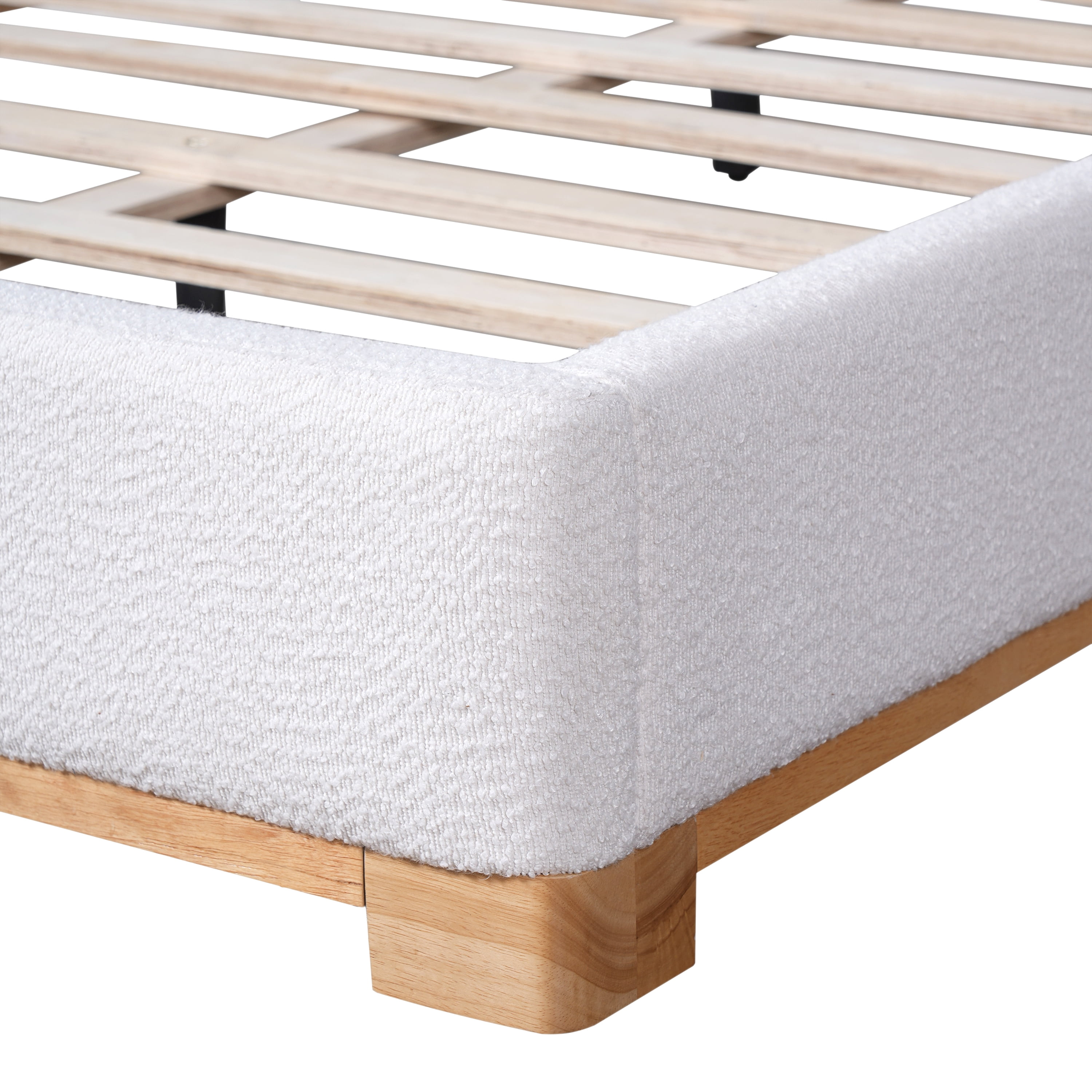 Queen Size Bed Frame with Boucle Upholstered Curved Headboard & Solid Wood Base, Platform Bed for Bedroom, White