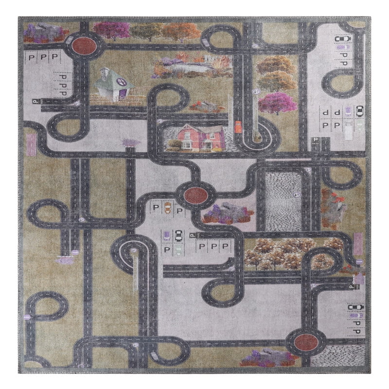 Superior Country Road Non-Slip Washable Indoor Play Rug, 5' x 5', Mossy Gold