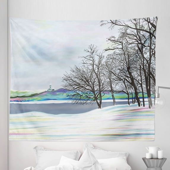 Rustic Tapestry, Rural Winter Forest with Leafless Tree Branches Digital Vibrant Effects Art, Fabric Wall Hanging Decor for Bedroom Living Room Dorm, 5 Sizes, Multicolor, by Ambesonne
