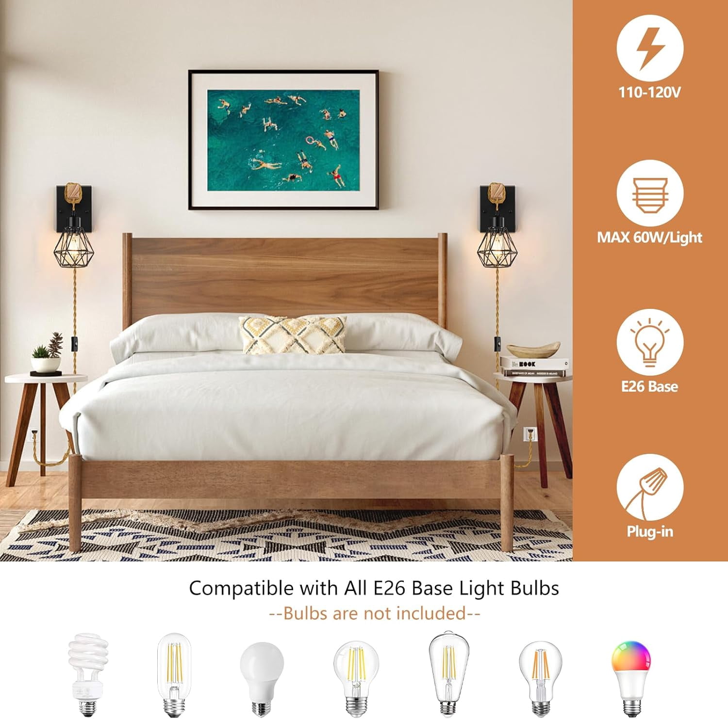 Plug in Wall Sconces Set of Two, Vintage Wood Wall Lamps with Plug in Cord, Farmhouse Wall Light Fixture with 5.25FT On/Off Switch Cord, Indoor Sconces Lighting for Bedroom Living Room
