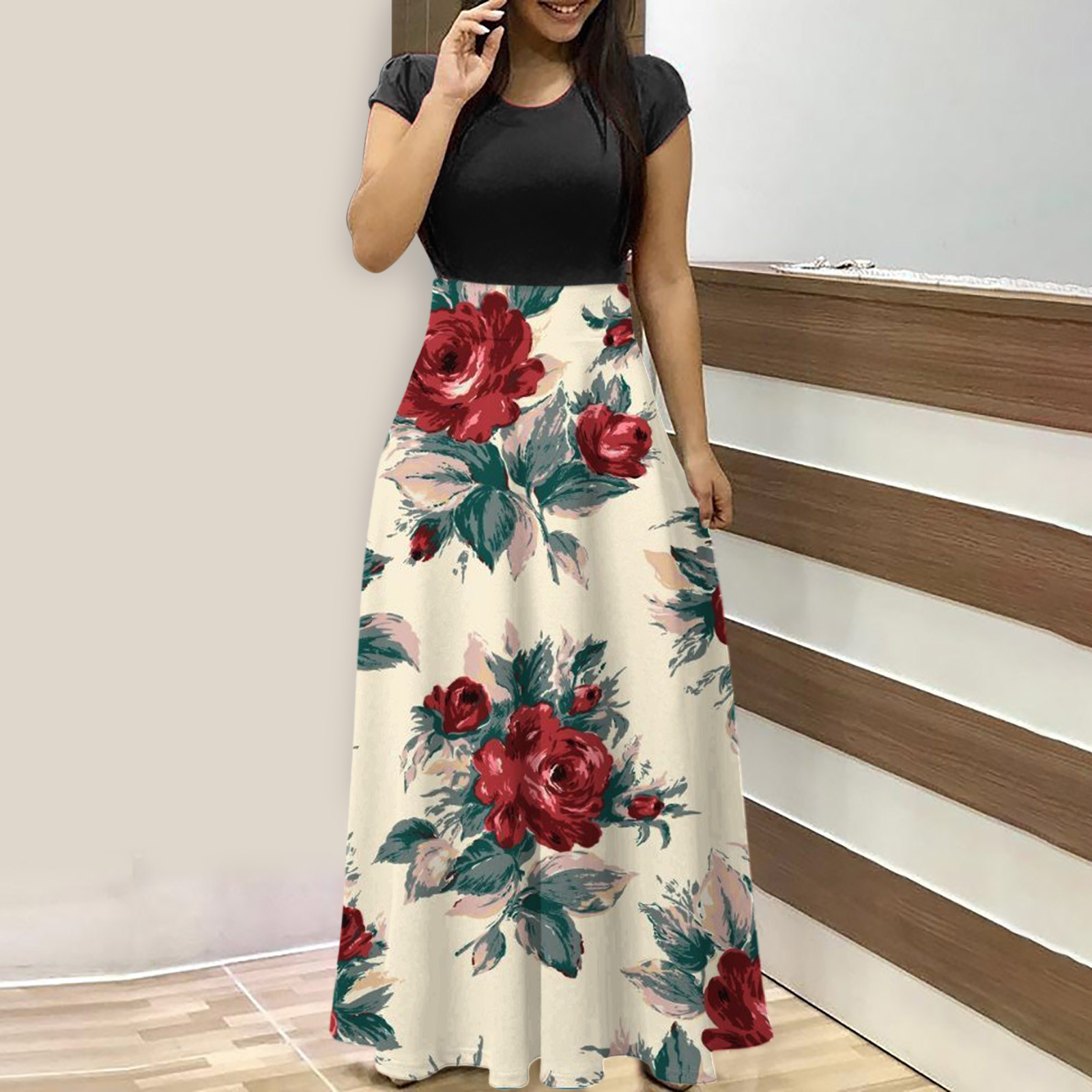 Empire Waist Dresses for Women 2023 Short Sleeve Crewneck Floral Maxi