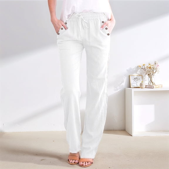 Women'S Casual Cotton Linen Pants Drawstring Light-Weight Summer Fit Straight Leg Lounge Trouser White XXL