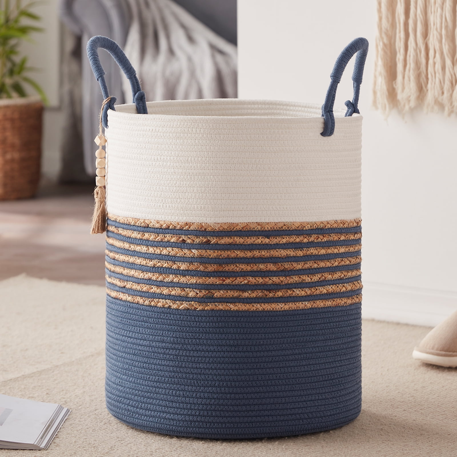 CherishGard Cotton Laundry Basket Woven Rope Tassel Decoration Laundry