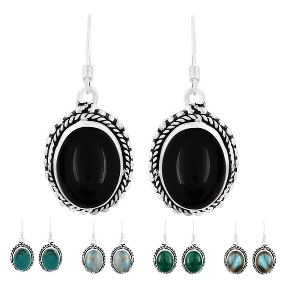 Oval Shape Onyx, Labradorite, Malachite, Moonstore or Turquoise Gemstone Boho Style Dangle Earrings Silver Overlay Handmade Jewelry