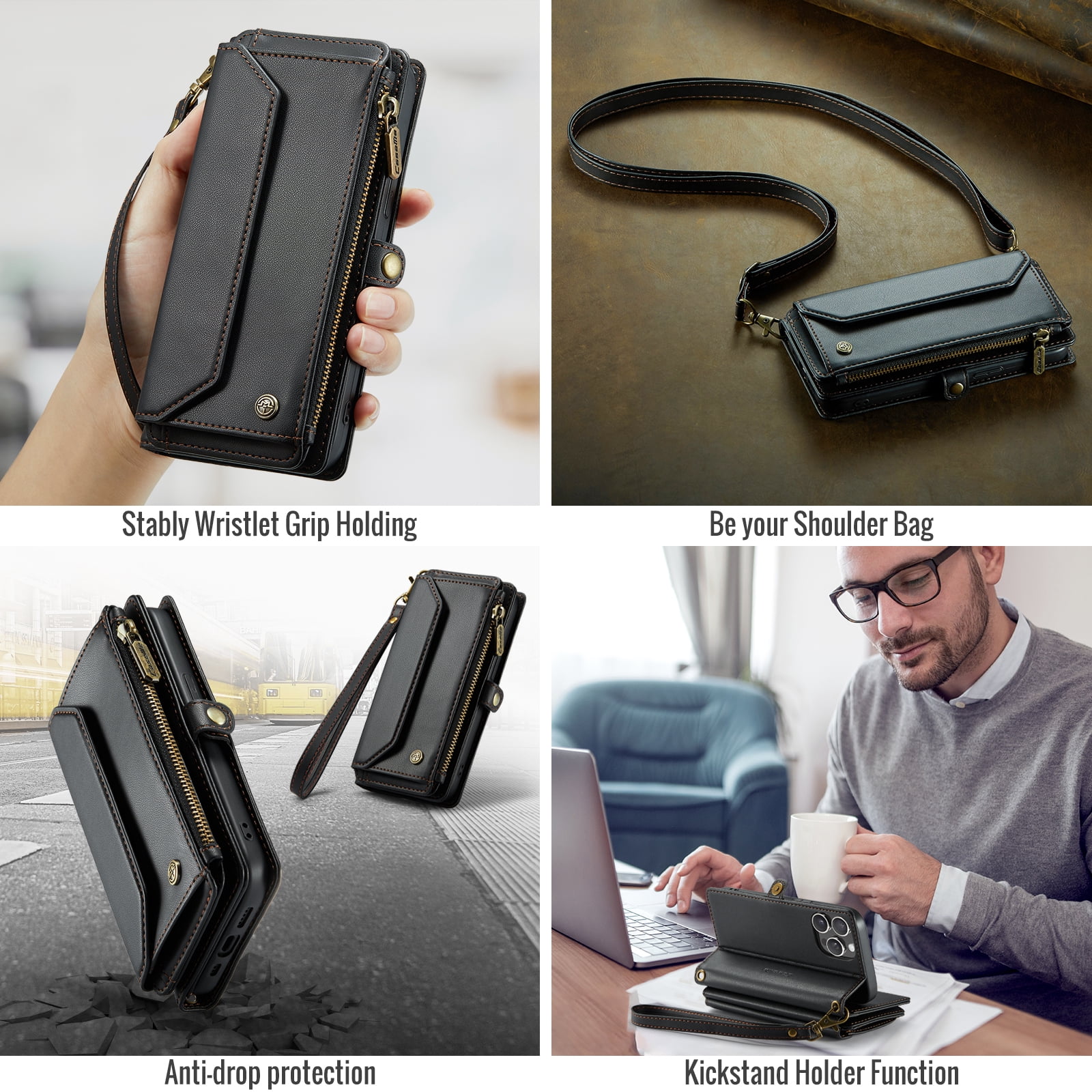 ELEHOLD for Samsung Galaxy S25 FE Wallet Case,Support Wireless Charging PU Leather RFID Blocking Card Holder Kickstand Flip Shockproof Case with Crossbody/Wristlet Strap ,Black