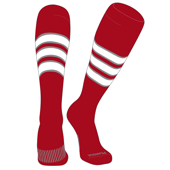PEAR SOX Striped OTC Baseball, Softball, Football Socks (C) Red, Silver, White (XS)