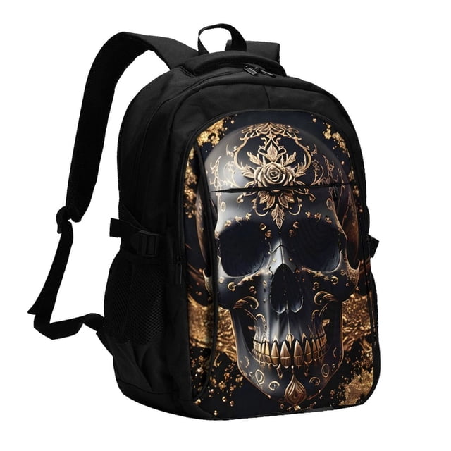 Balery Gold Pattern Black Skull Mochila con carga USB para hombre y mujer - Mochila impermeable y antirrobo para portátil con puerto USB para viajes, trabajo, estudios y universidad