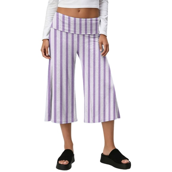 Women's Fold Over Capri Pants Y2K Low Rise Wide Leg Flowy Gaucho Pants Summer Striped Going Out Yoga Capri Light Purple S