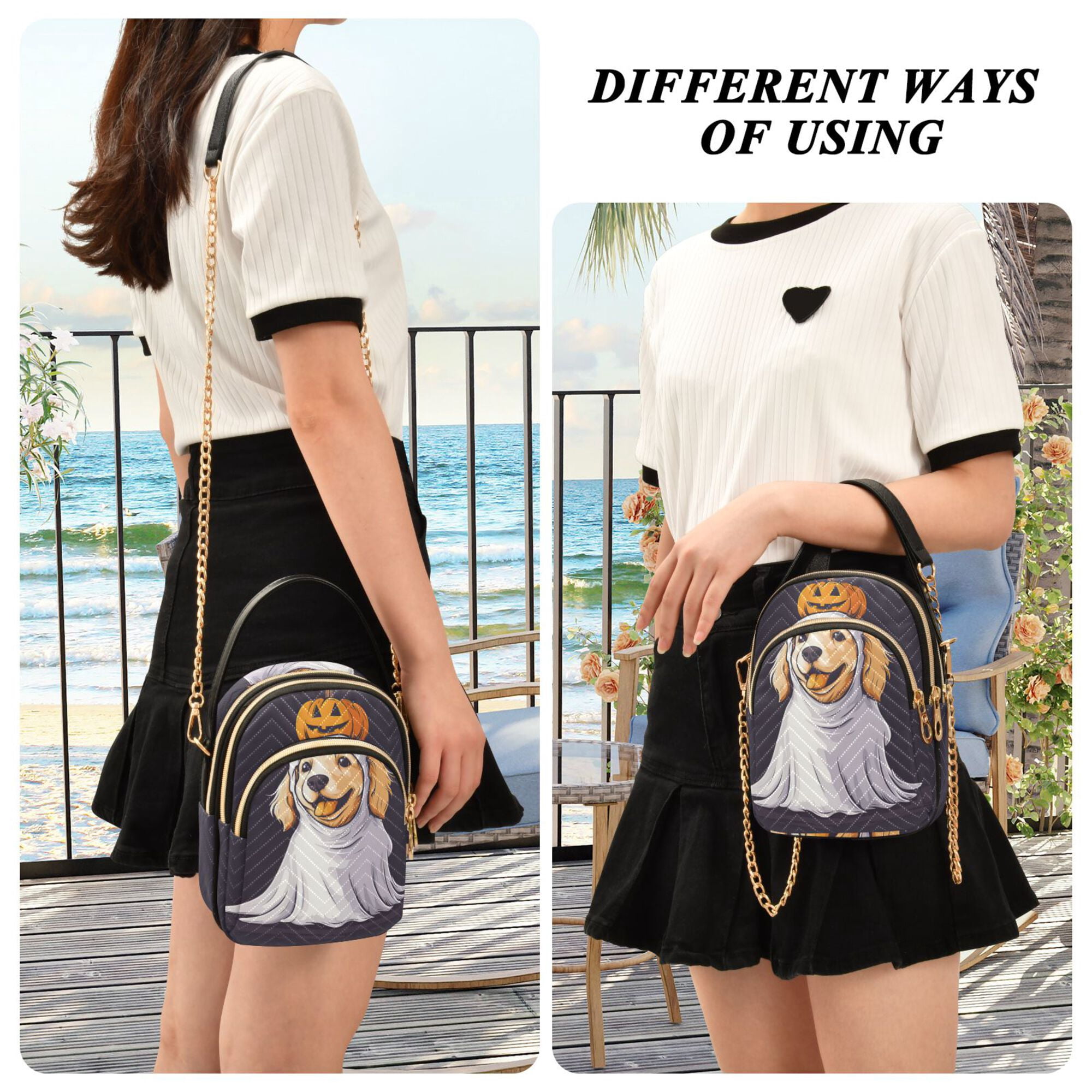 FORMRS Crossbody Bag for Women Quilted Travel Shoulder Cell Phone Purse with Chain Strap Handbag, Yellow Halloween Dog