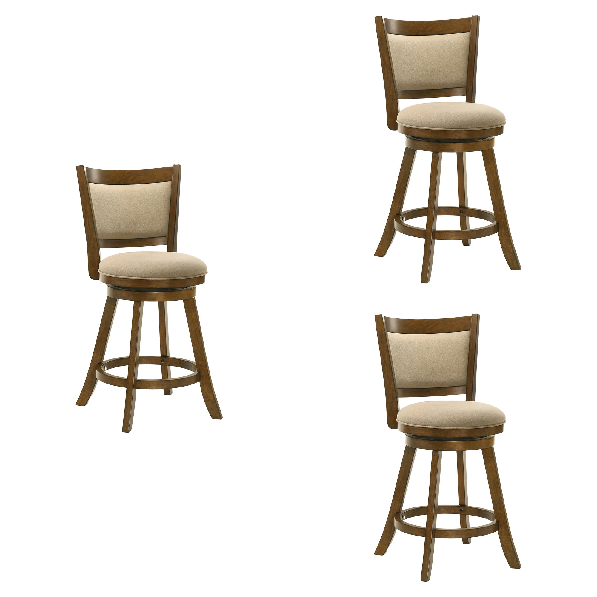 Aiden Modern Farmhouse Swivel Wood Counter Height Kitchen Bar Stool in Sepia Brown Finish with Grey Fabric Upholstered Seat - Set of 3
