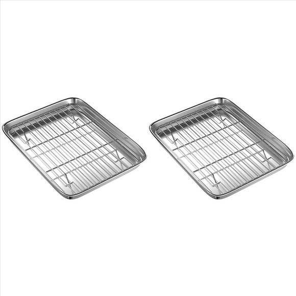 2Conjunto Juego de Bandeja Y Rejilla para Horno Tostador de 10 Pulgadas, Bandeja para Hornear Pequeña Acero Inoxidable con Rejilla para Enfriar, Bandeja para Hornear Apta