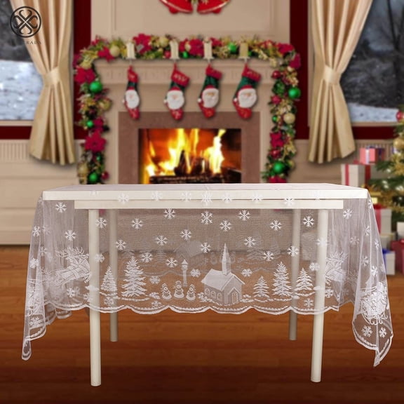 Luxtrada 60*84inch Snowflake Rectangle Tablecloth with Floral Lace Table Linens Wedding Events Party Dining Decorations Christmas Table Cloths