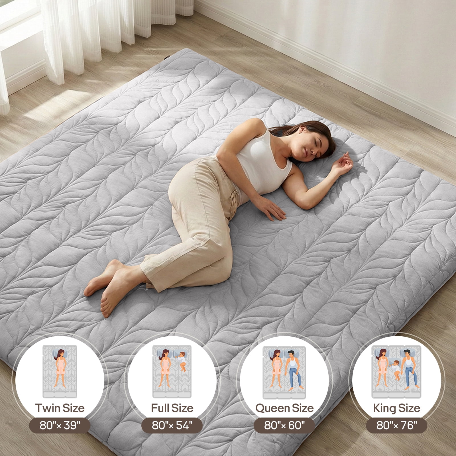 Zonli Japanese Floor Mattress Futon, Foldable Tatami Mat with Cotton Cover, Full 75"x54", Grey